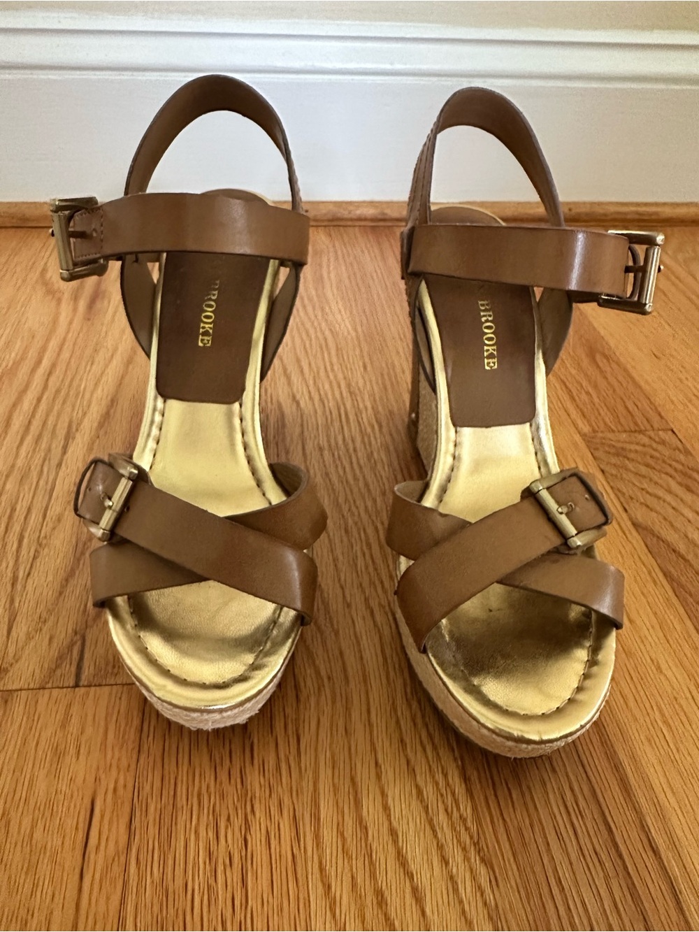 Audrey Brooke Tan Leather Crisscross Wedge Sandals